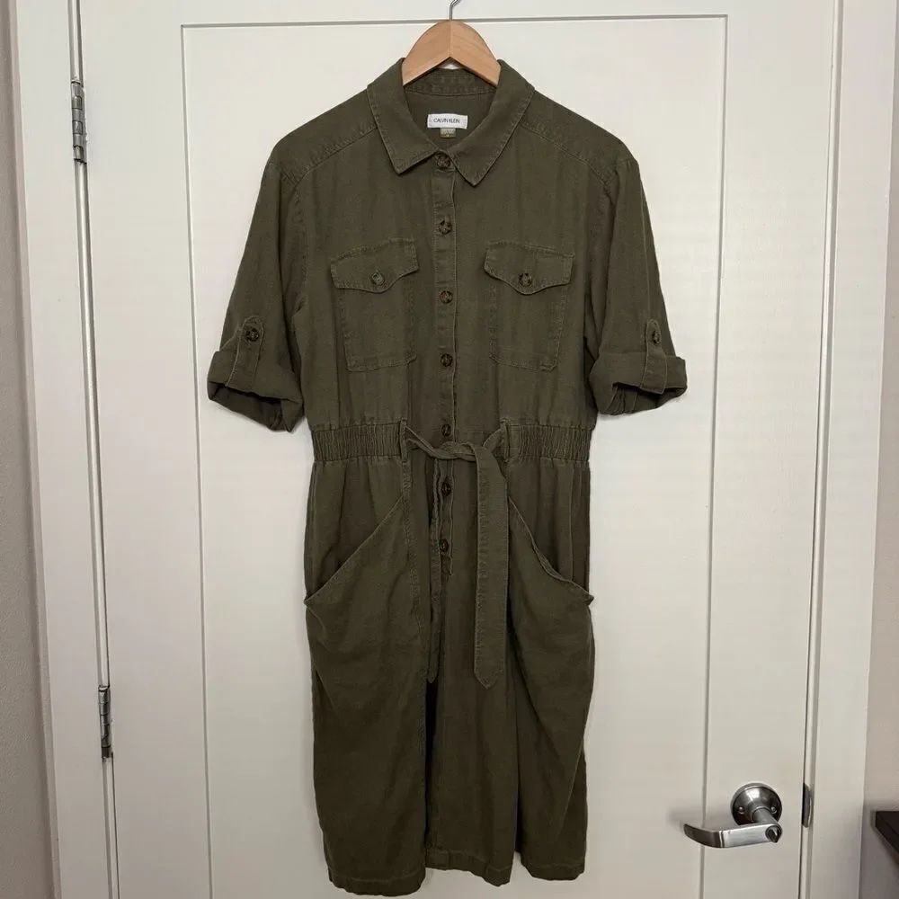 Calvin Klein Military Shirt Dress Sz 12 OliveâGreen Linen Utility Belted Safari